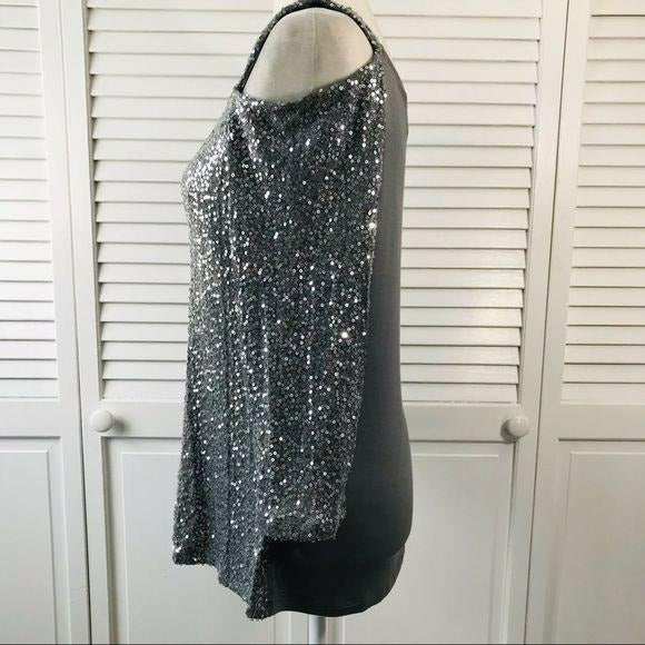 *NEW* INC Silver Gray Cold Shoulder Sequin Top Size M
