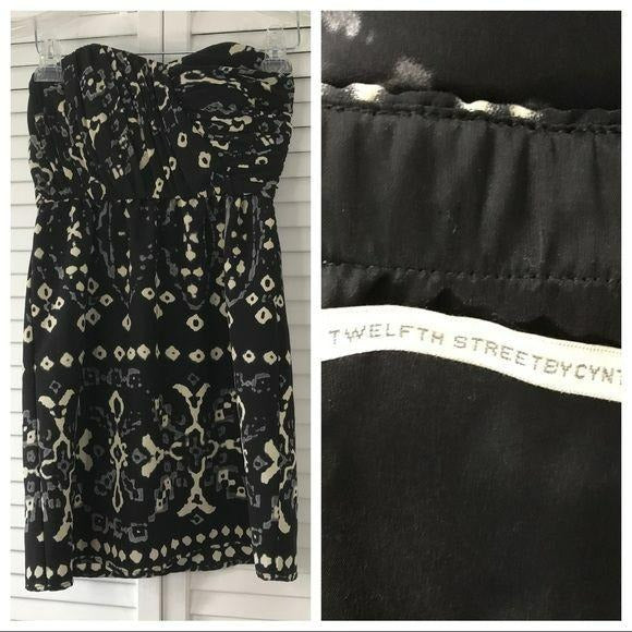 CYNTHIA VINCENT Ikat Print Black Strapless Dress Size 2