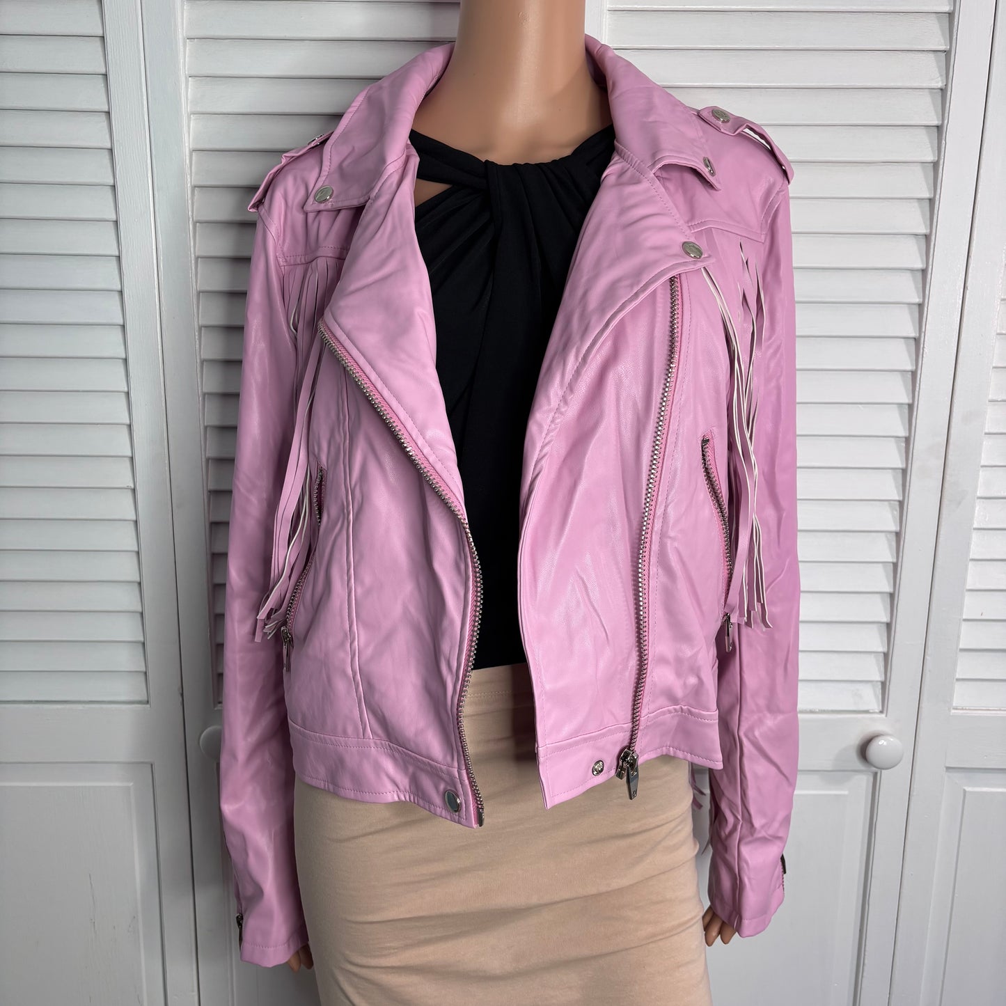 *New* BUDDY LOVE Francesca Fringe Vegan Leather Jacket in Pink Size Large