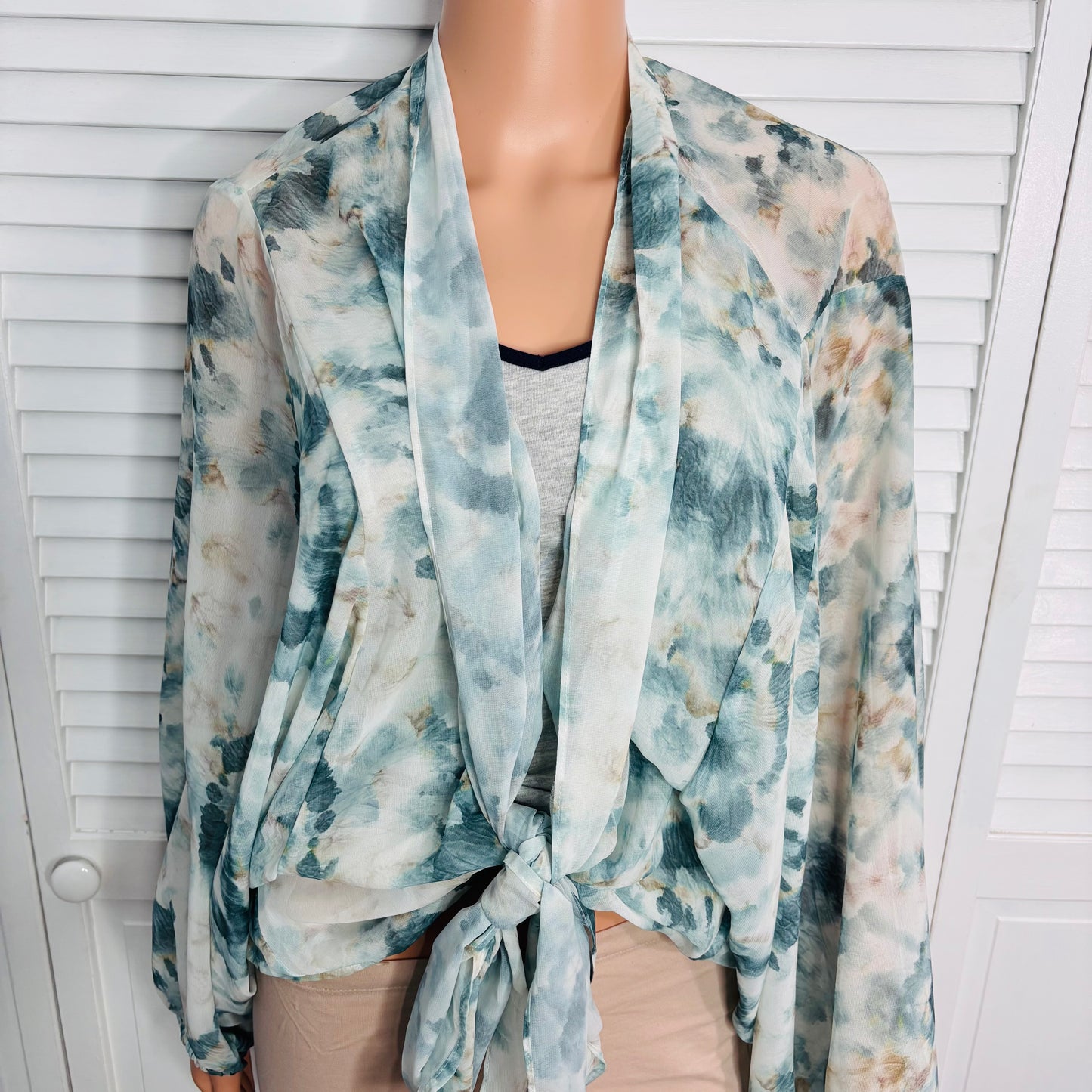 ENTRO Dark Teal Watercolor Tie Blouse Size Small