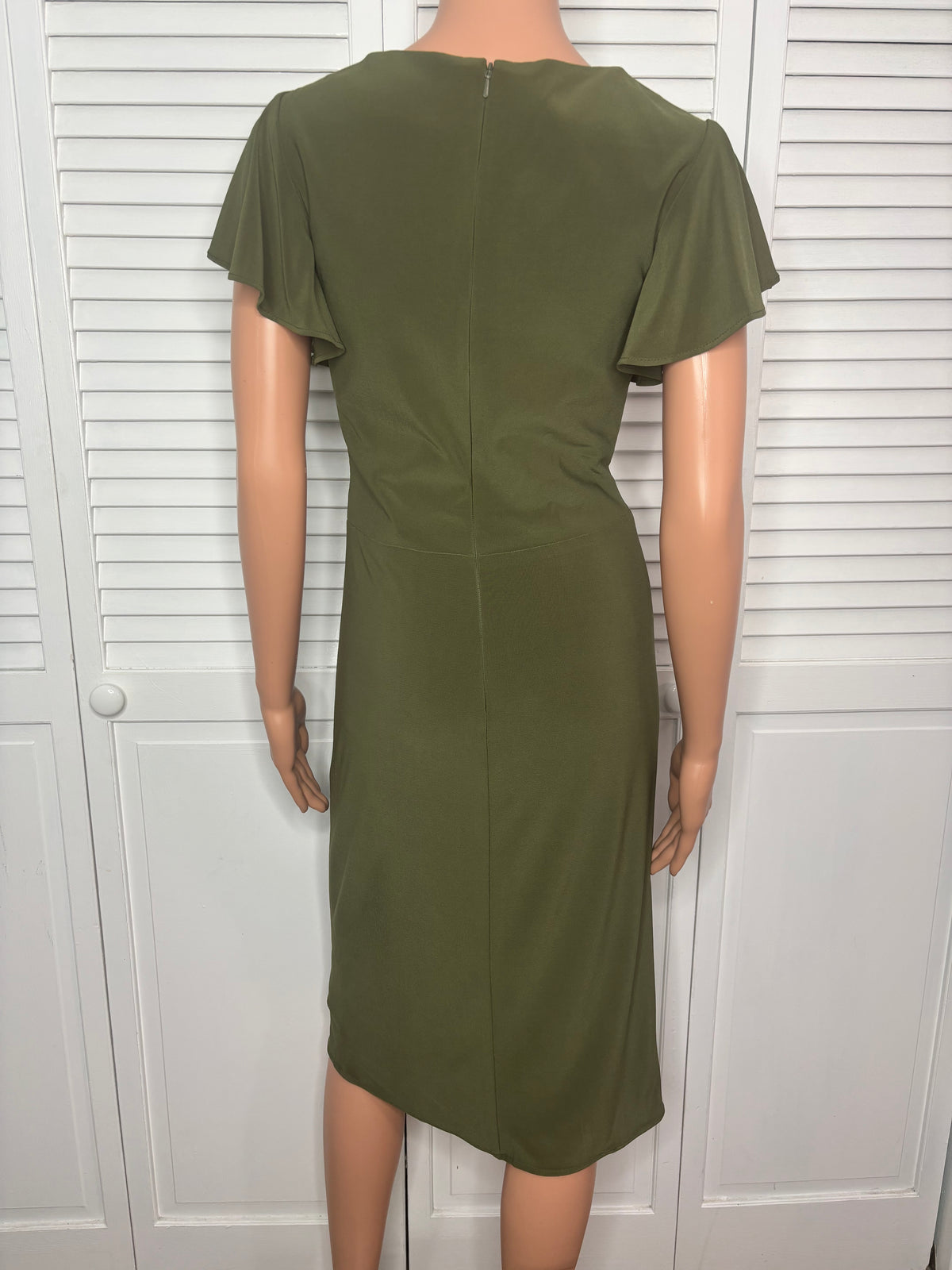 NEW Ieena for MAC DUGGAL Olive Green Flounce Sleeve Midi Dress Size 2
