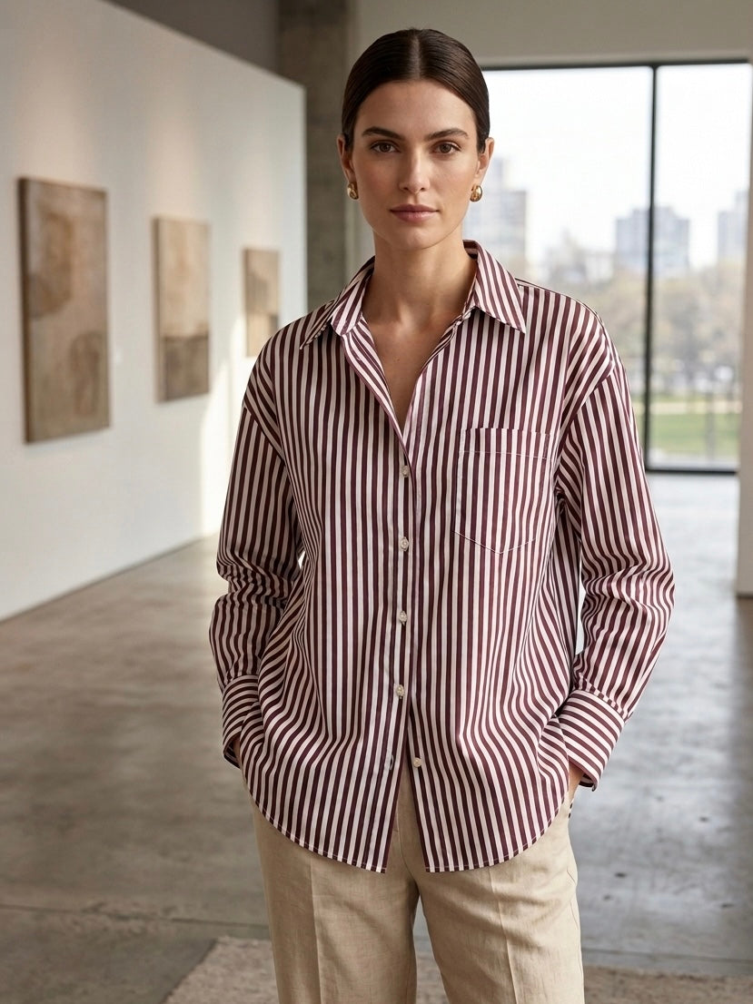 MANGO Burgundy Striped Oversized Button Down Shirt Size Medium
