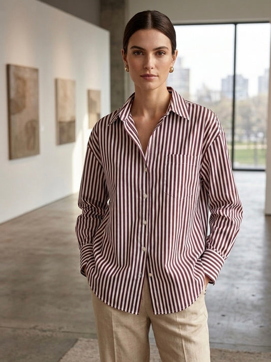 MANGO Burgundy Striped Oversized Button Down Shirt Size Medium