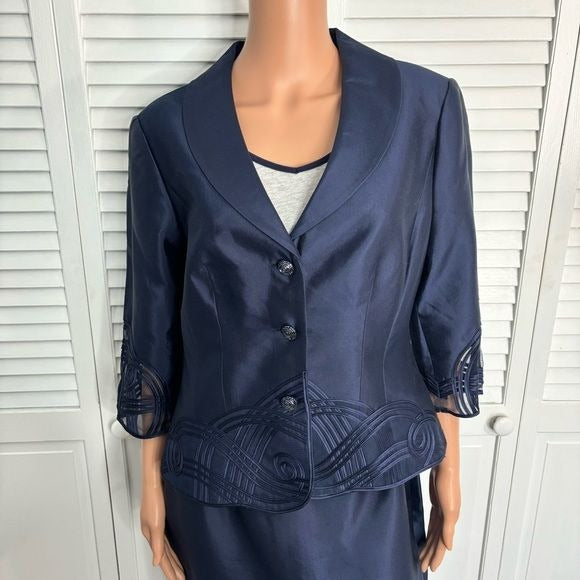 ADRIANNA PAPELL Evening Essentials Silk Navy Blue Skirt Suit Size 10