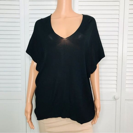 VINCE Black Ribbed Knit Short Sleeve Sweater Size M