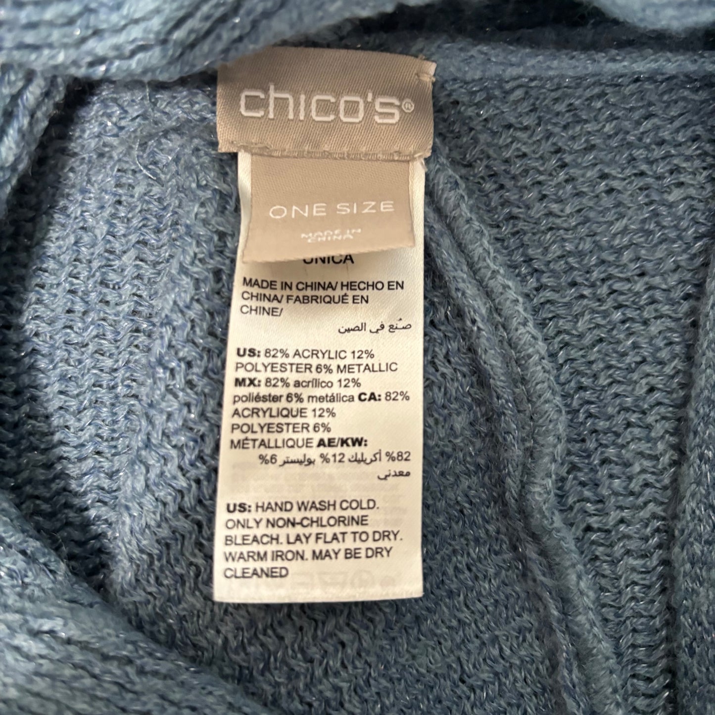CHICO’S Blue Metallic Cowl Neck Fringe Poncho
