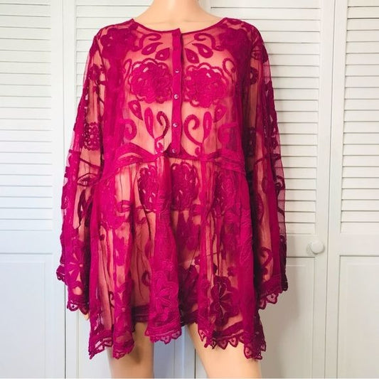LANE BRYANT Guinevere Burgundy Lace Floral Baby Doll Sheer Blouse Size 18 *NEW*