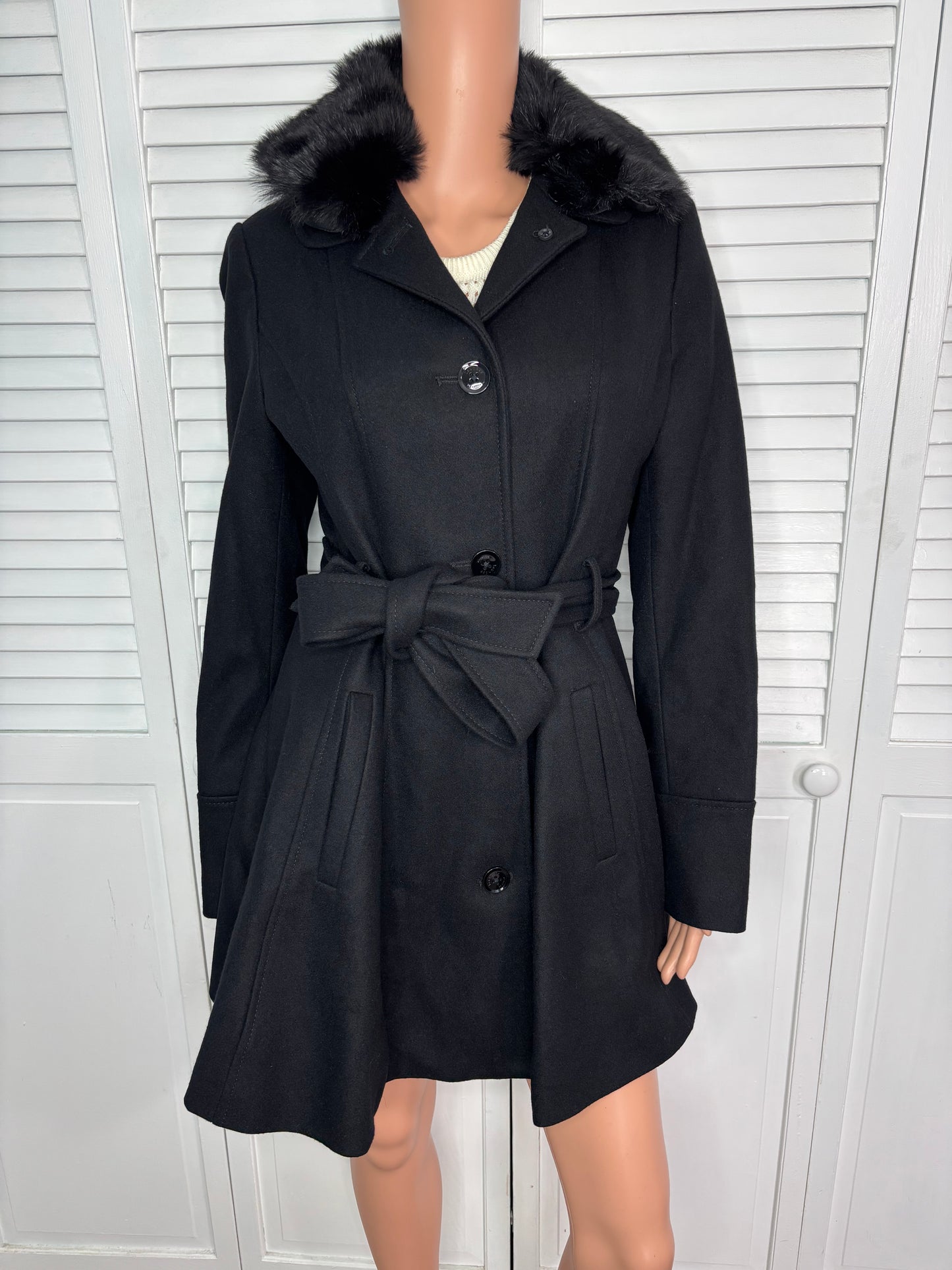 LAUNDRY Wool Blend Belted Coat with Detachable Faux Fur Collar Size Small