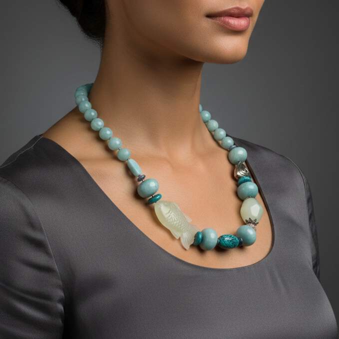 AMY KAHN RUSSELL Vintage Sterling Silver Carved Jade Koi Fish Necklace