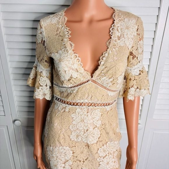 SAYLOR Maggy Cream Floral Lace Deep V-Neck Dress Size Small