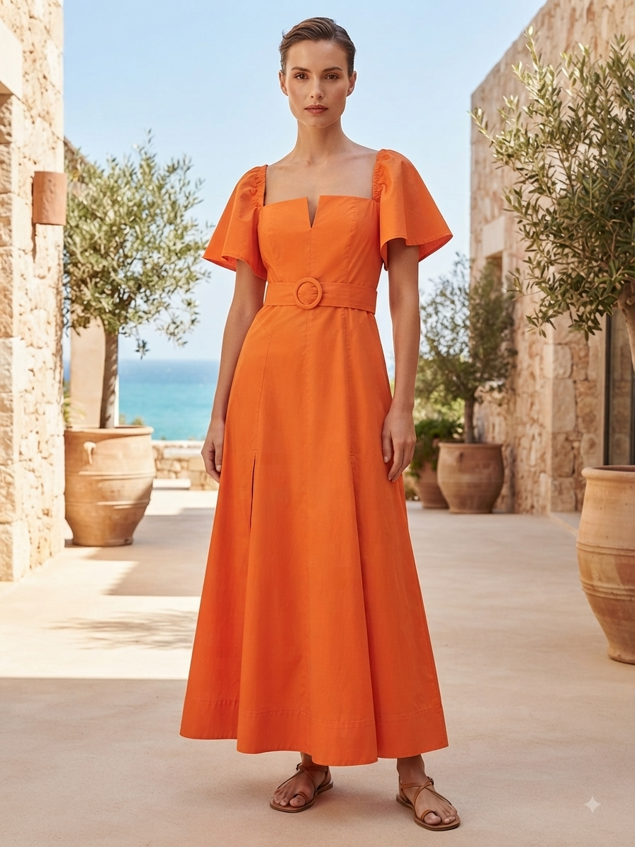 New BGL Fashion Group Orange Flutter Sleeve Midi Maxi Dress Size XS