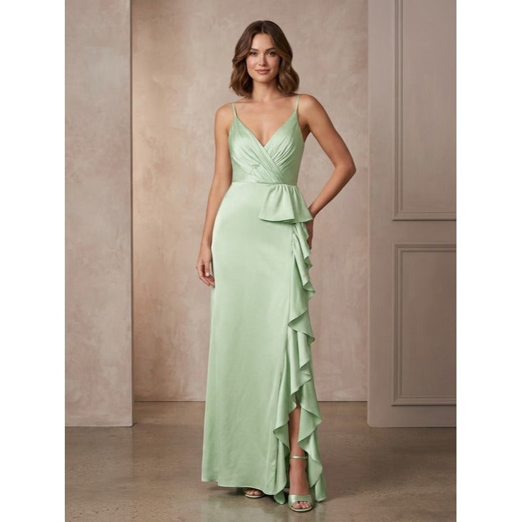New MAC DUGGAL Satin Ruffled Asymmetrical Gown in Pistachio Green Size 6