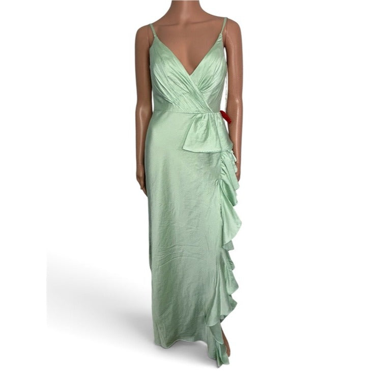 New MAC DUGGAL Satin Ruffled Asymmetrical Gown in Pistachio Green Size 6