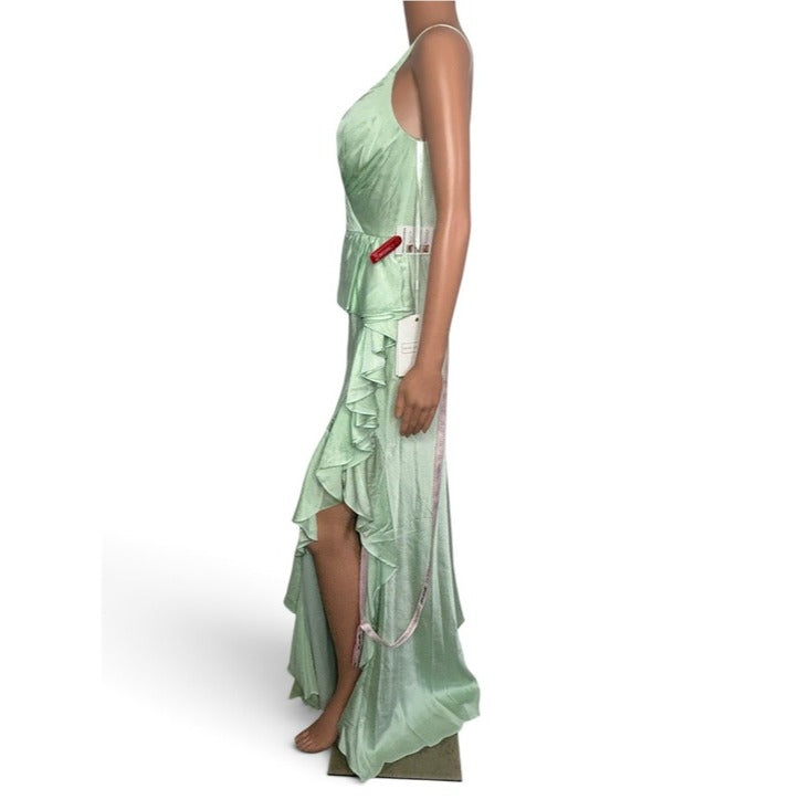 New MAC DUGGAL Satin Ruffled Asymmetrical Gown in Pistachio Green Size 6