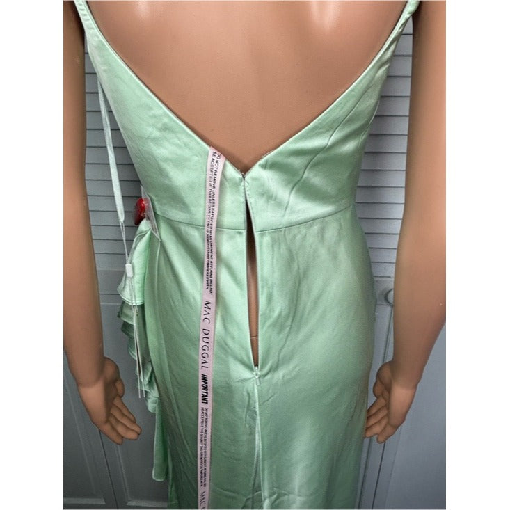 New MAC DUGGAL Satin Ruffled Asymmetrical Gown in Pistachio Green Size 6