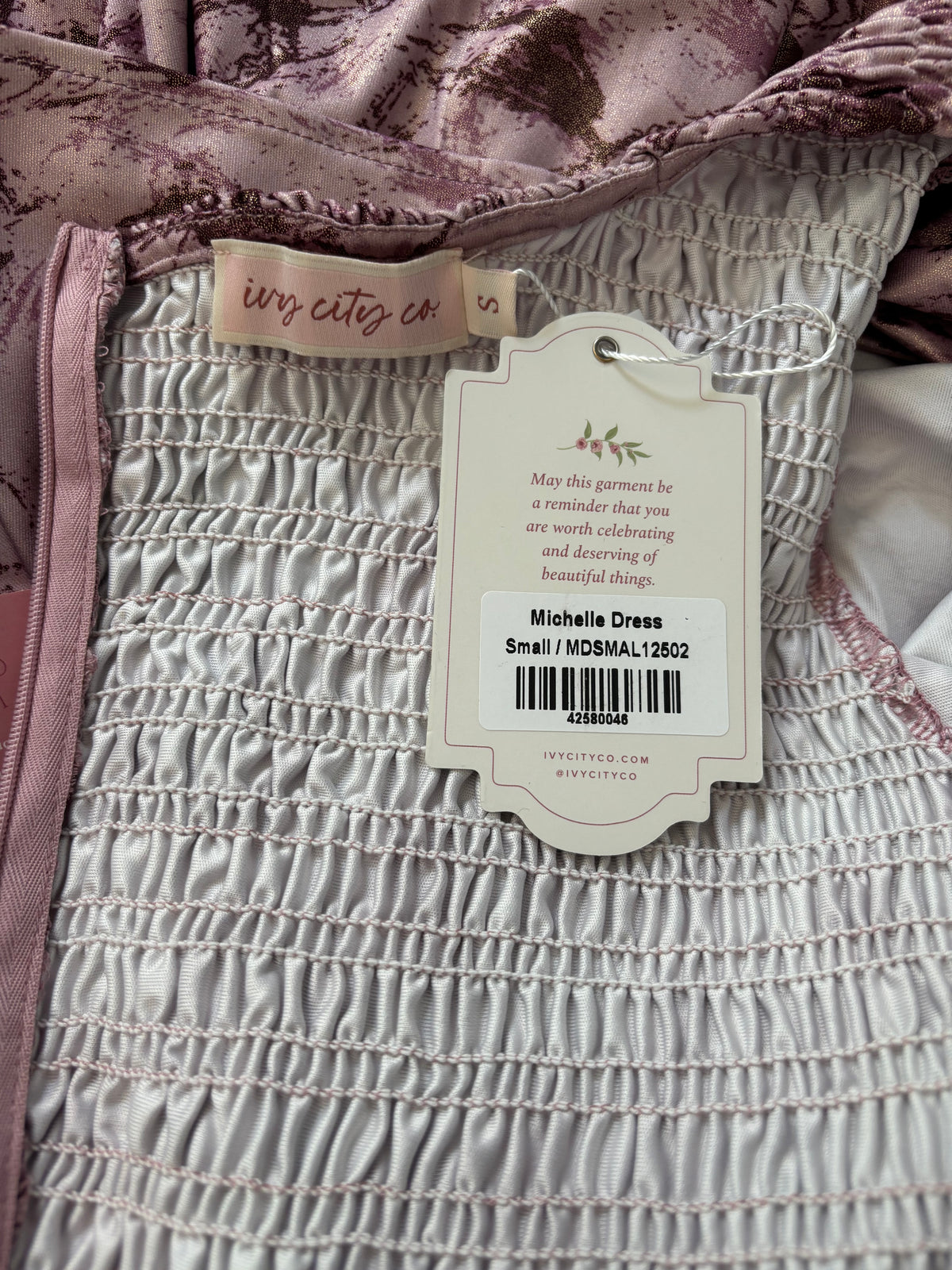 New IVY CITY CO. Michelle Dress Mauve Metallic Marble Puff Sleeve Smocked Dress Size Small