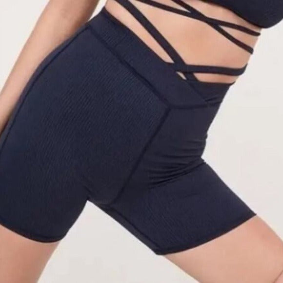 New FOR LOVE & LEMONS Chloe Ribbed Biker Shorts in Midnight Blue Size XXS