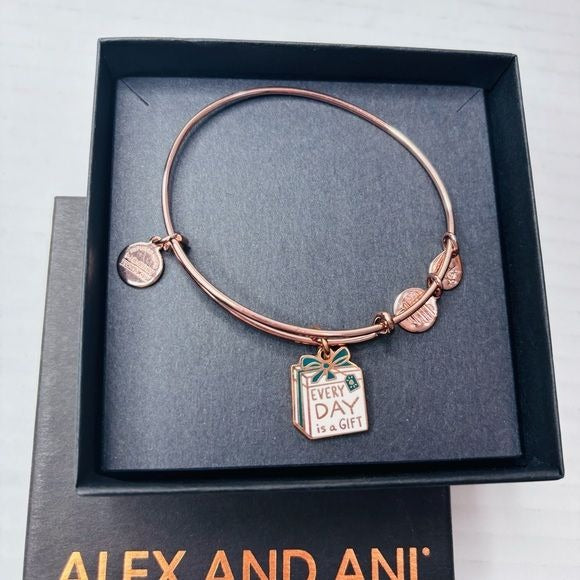 ALEX AND ANI "Every Day Is A Gift” Charm Rose Gold Bangle Bracelet Set