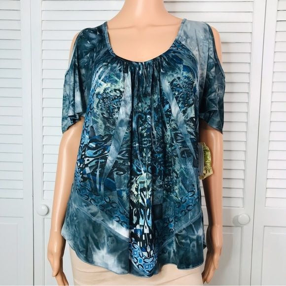 *NEW* ONE WORLD Blue Embroidered Detail Short Sleeve Cold Shoulder Shirt Size 1X