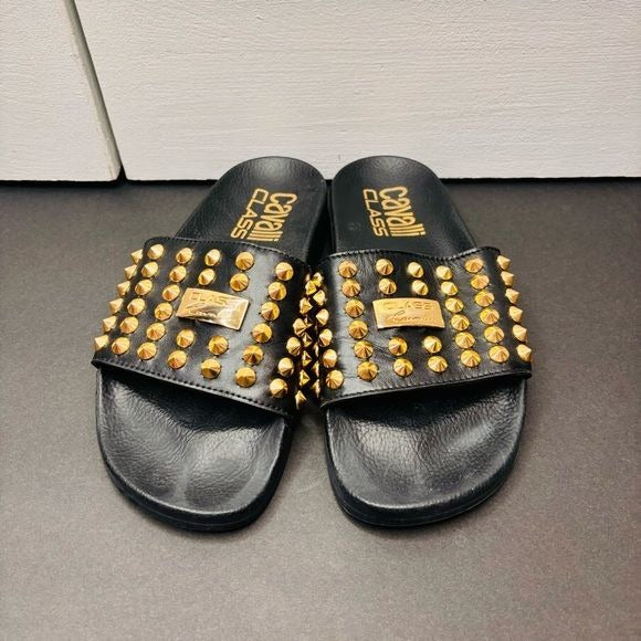 CAVALLI CLASS Black Studded Leather Slides Size 7