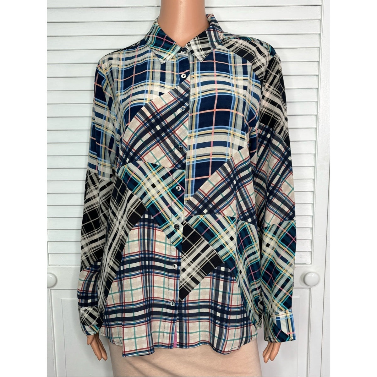 Johnny Was Workshop Silk Plaid Patchwork Button Down Shirt Size Medium