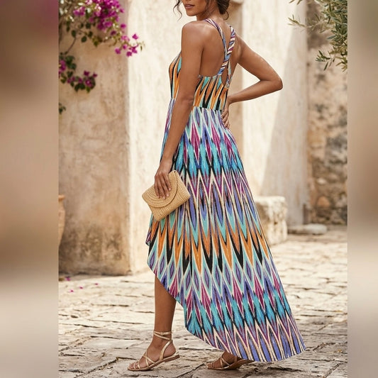 NICOLE by Nicole Miller Geometric Ikat High-Low Maxi Dress Size Large