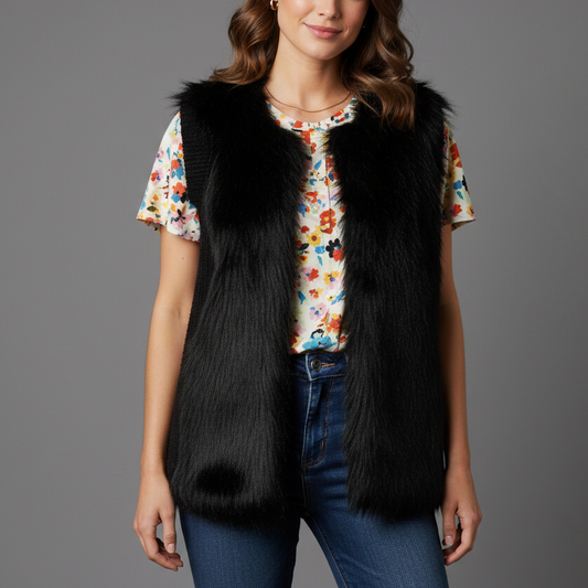 SEBBY COLLECTION Black Faux Fur & Knit Sweater Vest Size XL