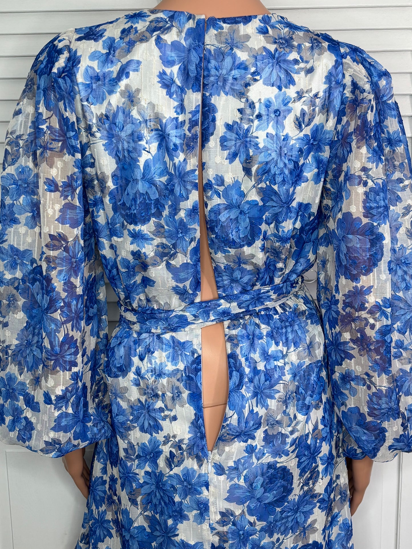 New ALEX MARIE Simone Blue Floral Metallic Chiffon Dress Size 2