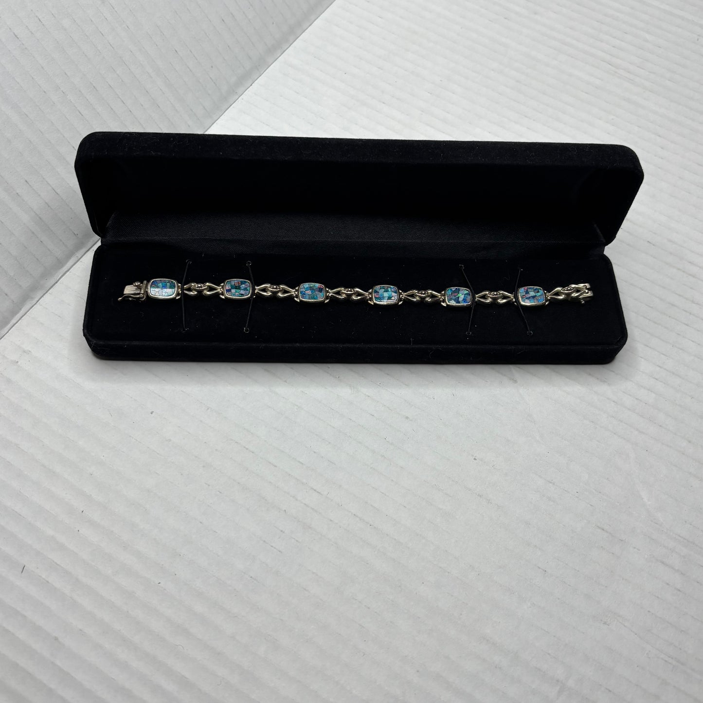 Vintage Sun Jewelry Sterling Silver Mosaic Opal Link Bracelet