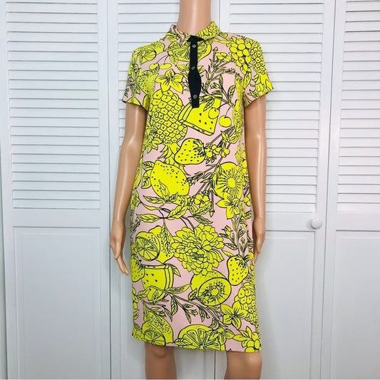 MARC CAIN Pink Yellow Print Collared V-Neck Short Sleeve Dress Size M