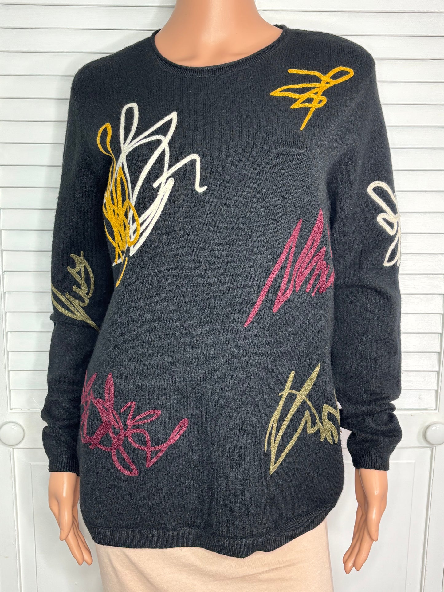CHARLIE B Black Scribble Print Sweater Size Medium