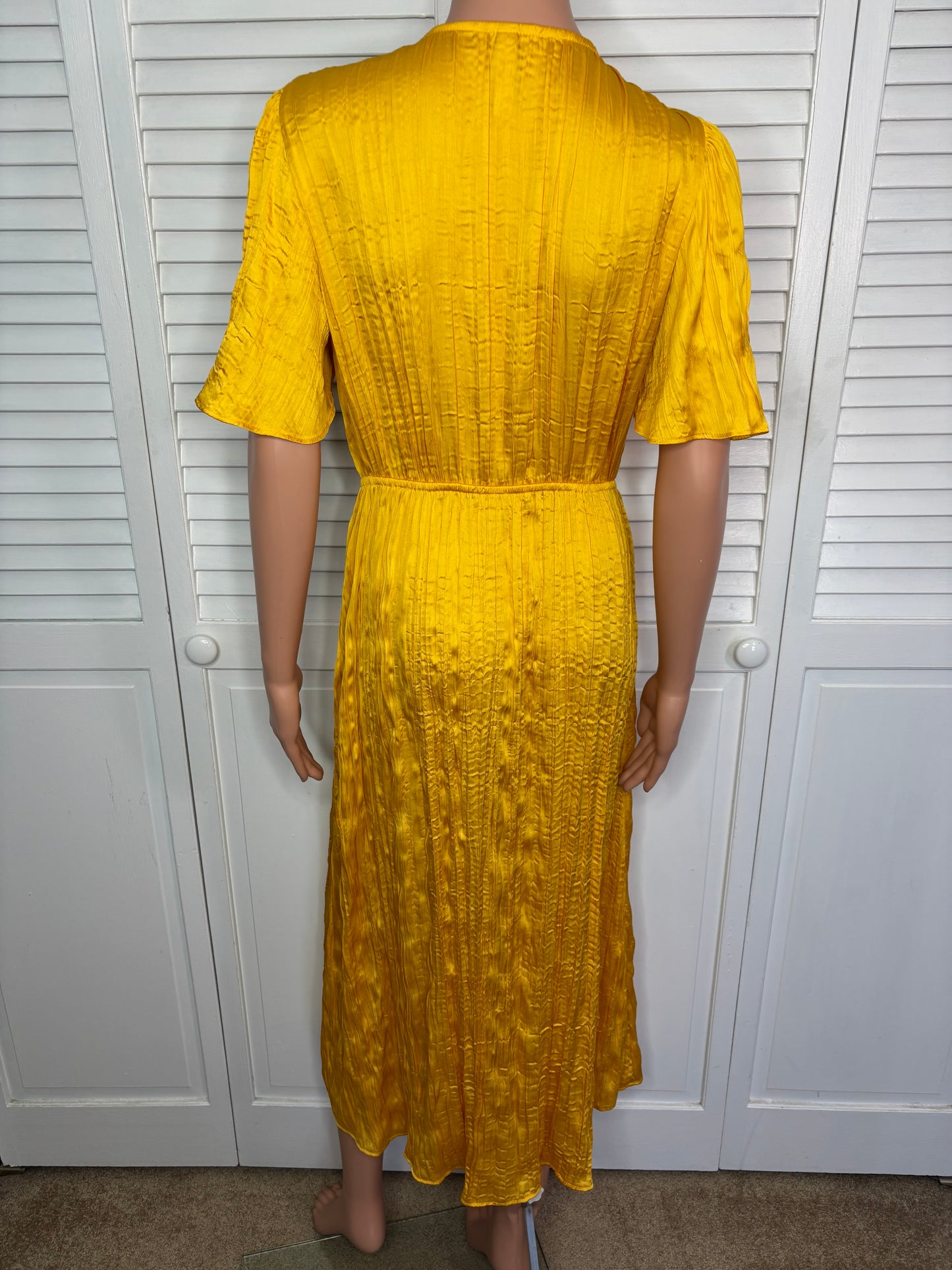 MANGO Yellow Pleated Satin Cut-Out Midi Dress Size Medium