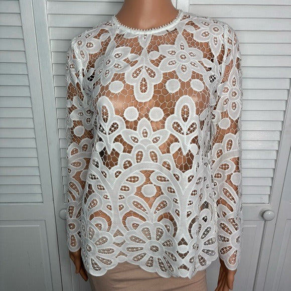New JOHNNY WAS Lisetta Lace Sheer Long Sleeve Blouse in White Size XS