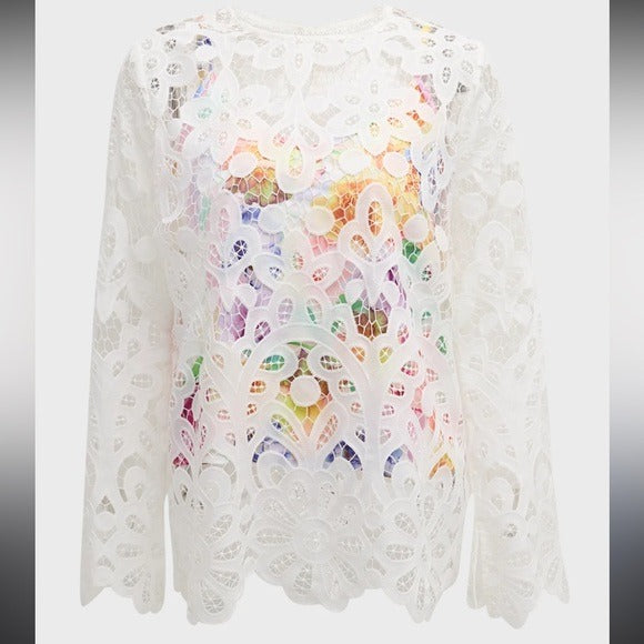 New JOHNNY WAS Lisetta Lace Sheer Long Sleeve Blouse in White Size XS