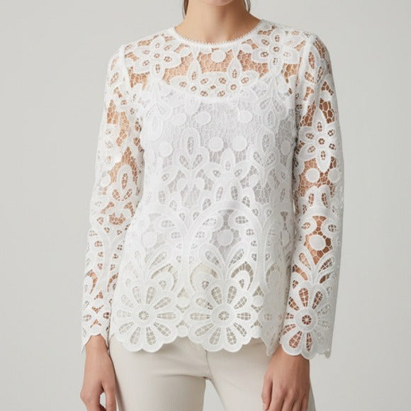 New JOHNNY WAS Lisetta Lace Sheer Long Sleeve Blouse in White Size XS