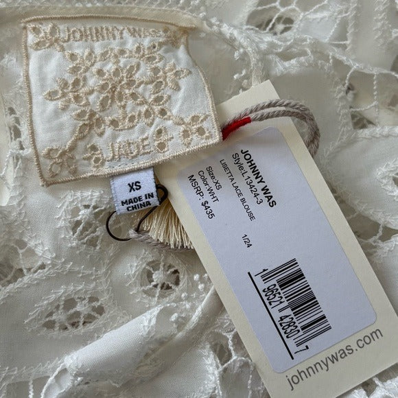 New JOHNNY WAS Lisetta Lace Sheer Long Sleeve Blouse in White Size XS