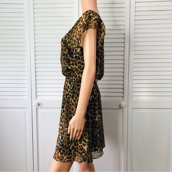 EXPRESS Brown Animal Print Short Sleeve Chiffon Dress Size M