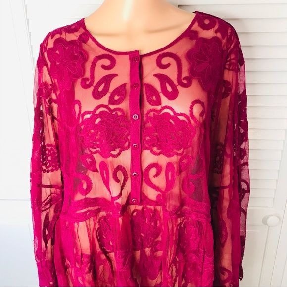 LANE BRYANT Guinevere Burgundy Lace Floral Baby Doll Sheer Blouse Size 18 *NEW*