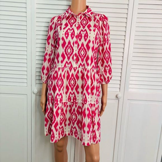 *NEW* ELLEN TRACY Fuschia Ikat Print Puff Sleeve Tiered Mini Dress Size XS