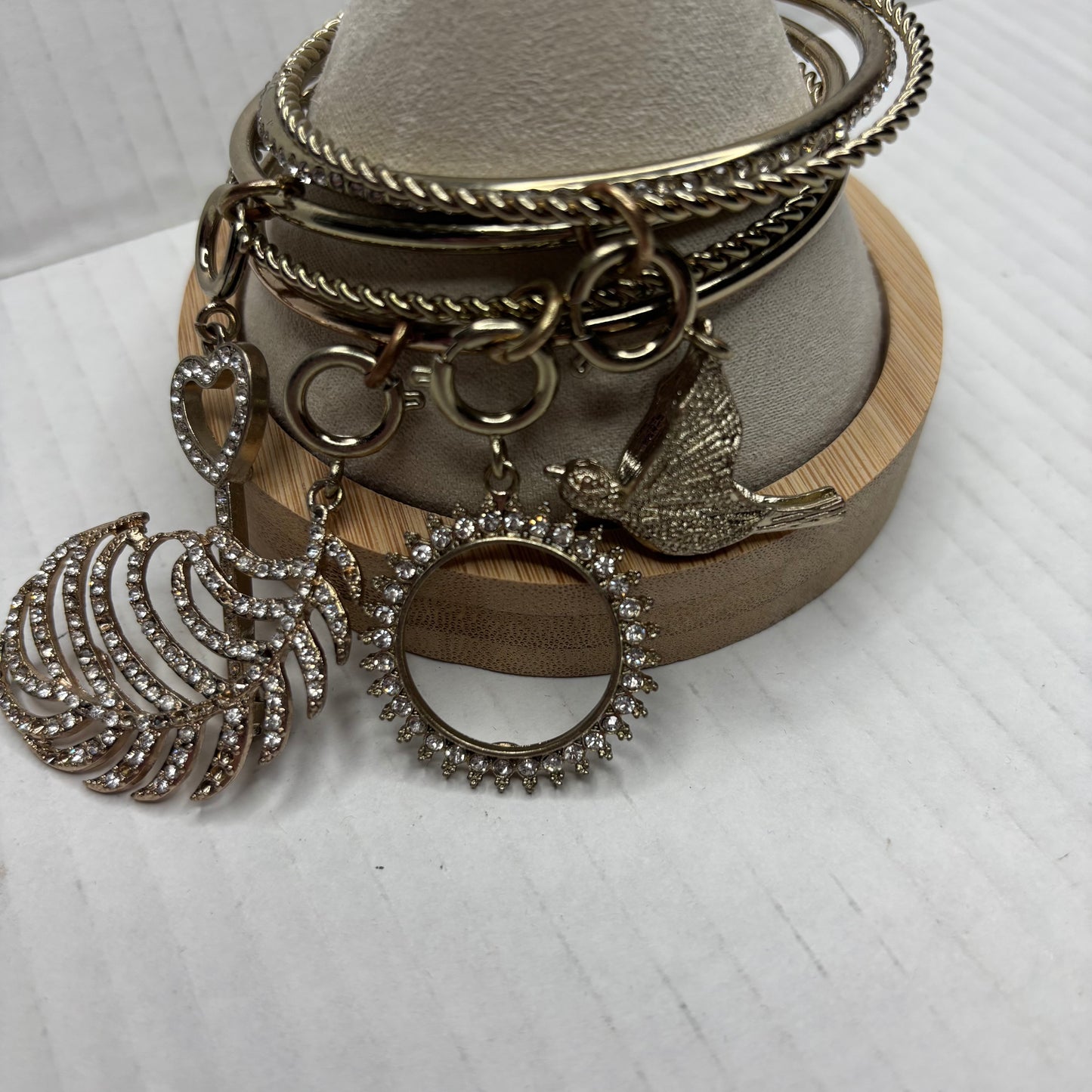 Set of 5 Gold Tone Stackable Bangles with Rhinestone Charms