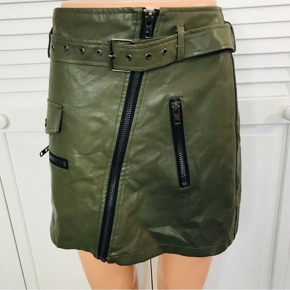 HONEY PUNCH Green Zipper Faux Leather Mini Skirt Size M *NEW*