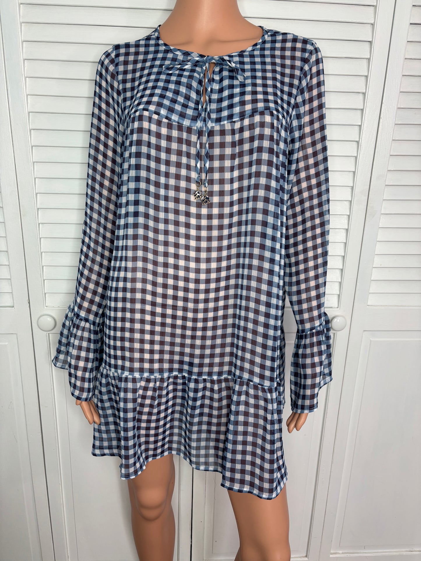 DRAPER JAMES Navy and White Gingham Sheer Tie-Front Swim Coverup Size Small