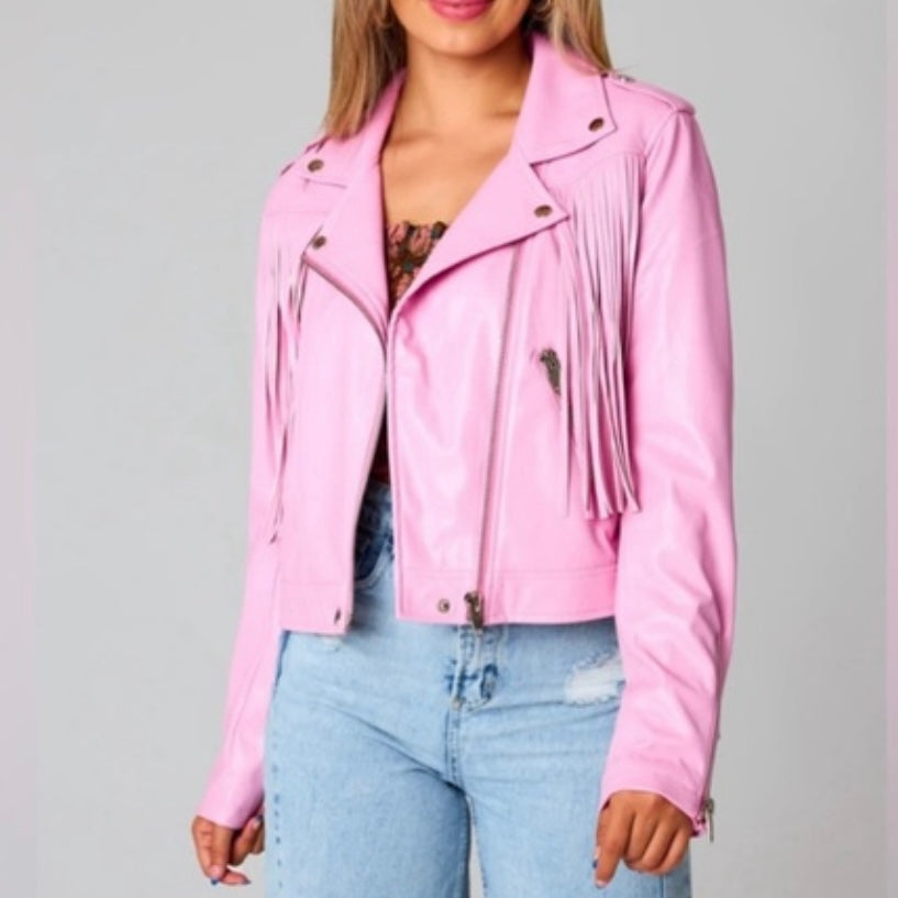 *New* BUDDY LOVE Francesca Fringe Vegan Leather Jacket in Pink Size Large