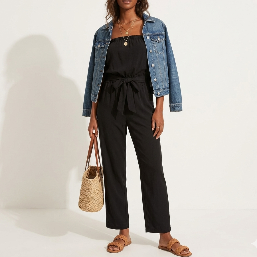 LOFT Petites Strapless Belted Jumpsuit in Black Size XS
