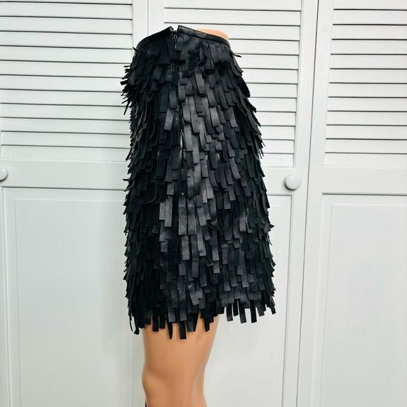 *NEW* MAX STUDIO Black Faux Leather Fringe Mini Skirt Size Small