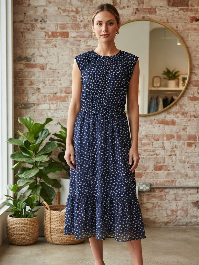 J. CREW Mercantile Navy Blue & White Dragonfly Print Midi Dress Size Medium