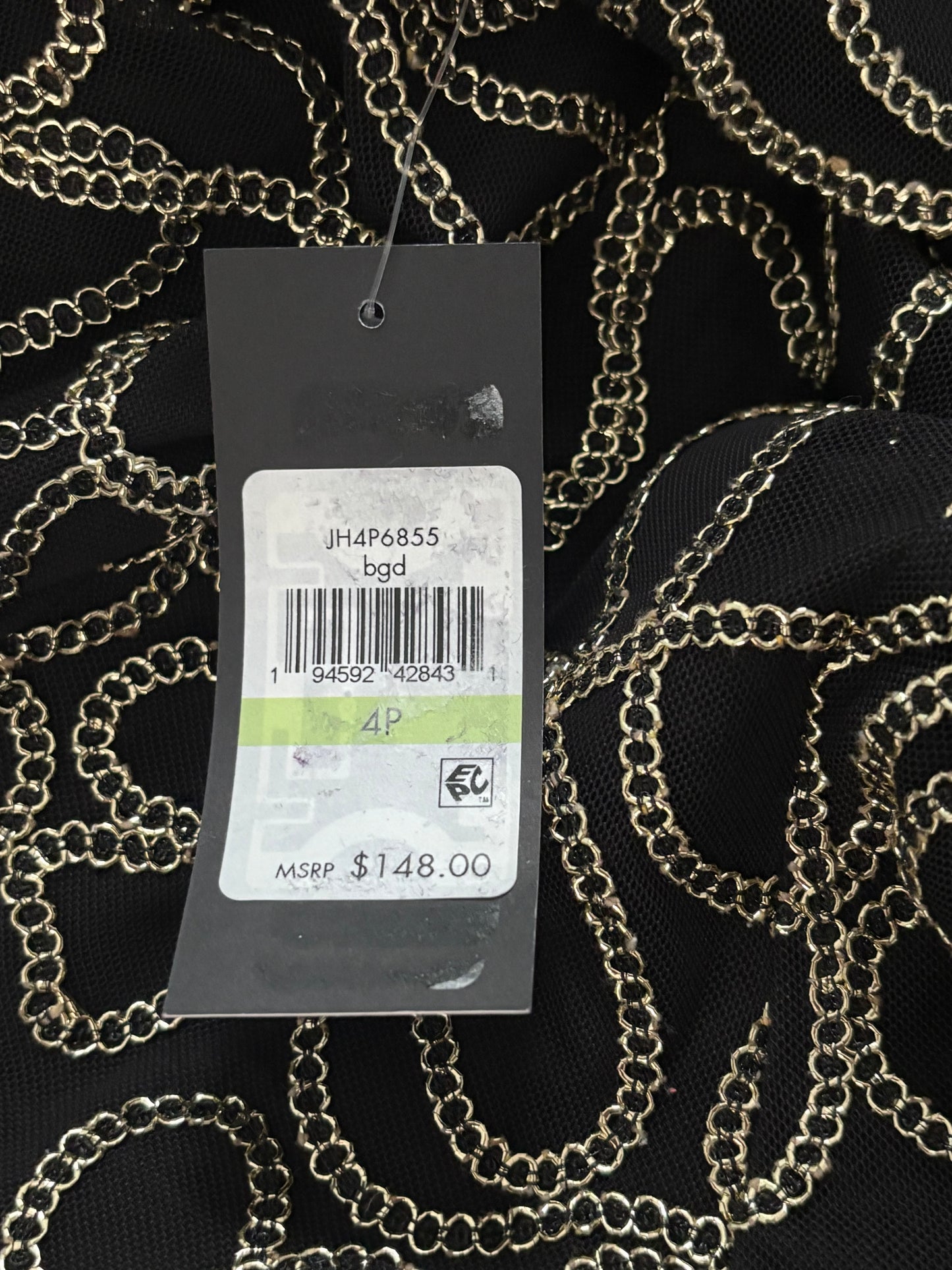 New JESSICA HOWARD Black & Gold Chain Mesh Sheer Bell Sleeve Dress Size 4P