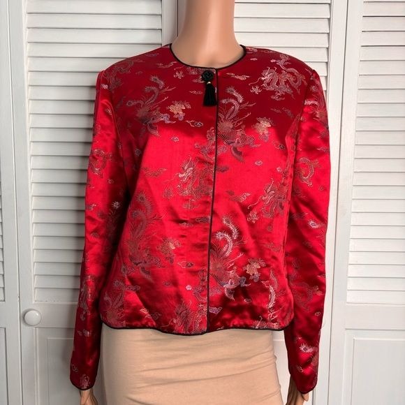 MAGGY LONDON Petites Oriental Pattern Red Blazer Size 14P