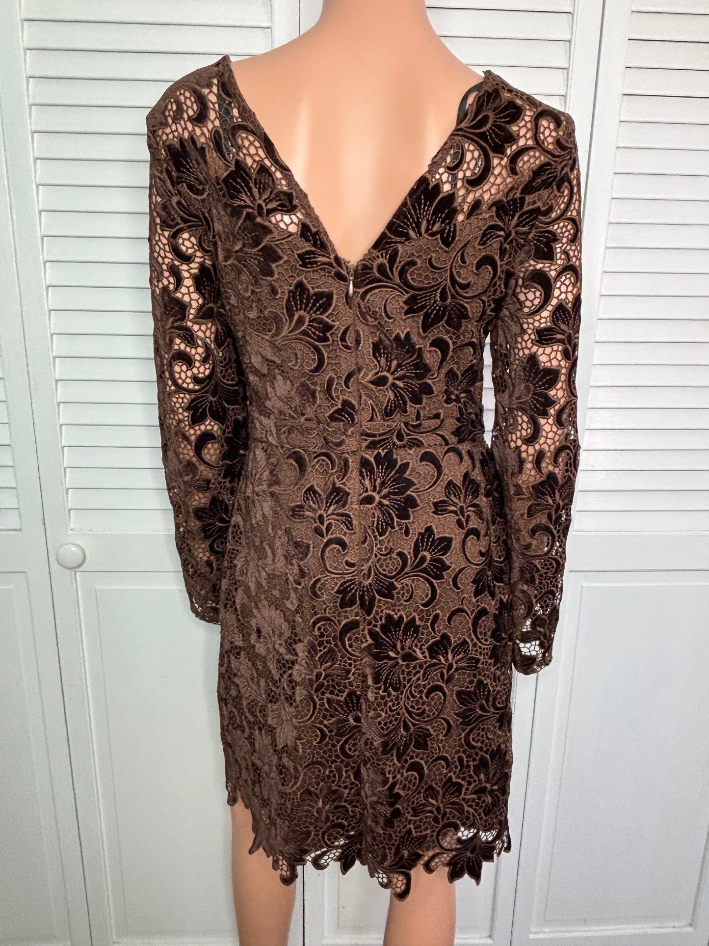 KENSIE Brown Velvet Burnout Lace Long Sleeve V-Neck Sheath Dress Size 4