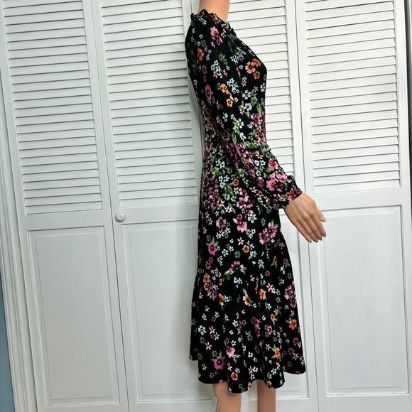 *NEW* MAGGY LONDON Black Floral Long Sleeve Ruffle Mock Neck Dress Size 0